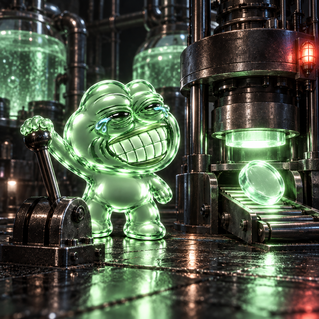 Pons Pepe pulling a lever in an underground glass foundry